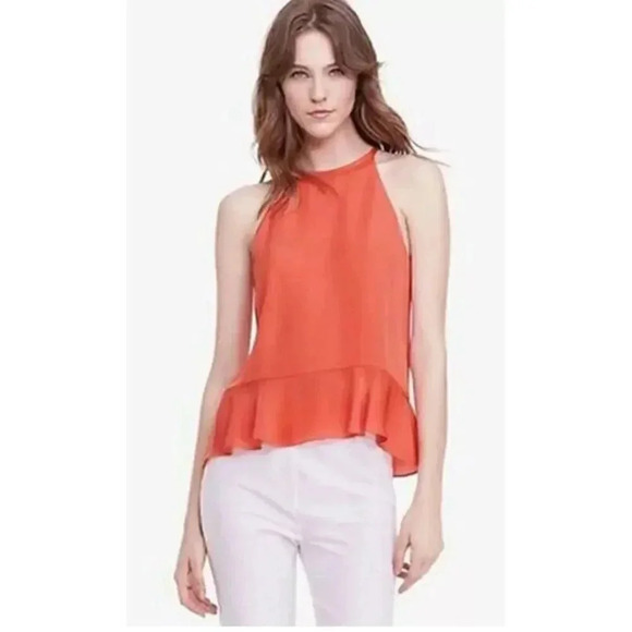DVF | Elegant Coral Halter Top with Ruffle Hem | Summer Chic Sleeveless Blouse - Picture 1 of 8